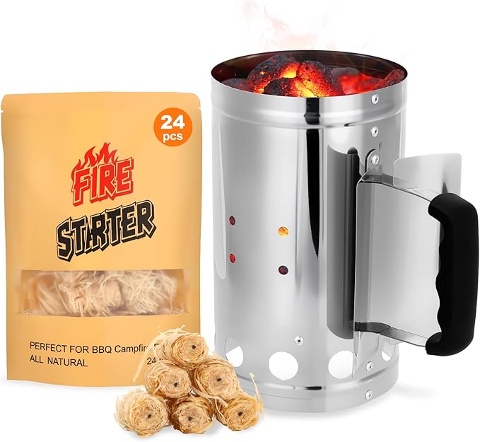 Charcoal Chimney Starter, BBQ Grill Quick Rapid Fire Starter Chimney for Outdoor Barbecue Cooking Camping, Sturdy and Easy to Use, Stainless Steel（10.62" x 6.3"）