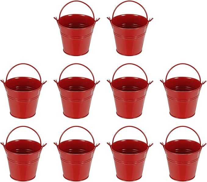 Small Metal Buckets, Mini Buckets with Handle Galvanized Colored Tin Pail Containers Basket Party Supplies - Fit for (Halloween - Classroom Crafts) 2.7" & 10Pcs & Red