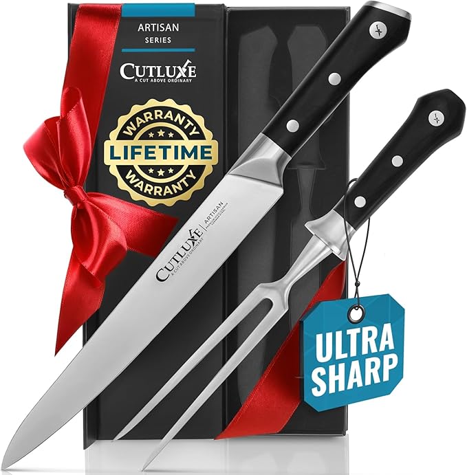 Cutluxe Turkey Carving Knife Set – Carving Fork & Knife for Meat, BBQ, Brisket – Razor Sharp Premium German Steel Full Tang, Ergonomic Handle, Grilling Gifts for Men – Artisan Series
