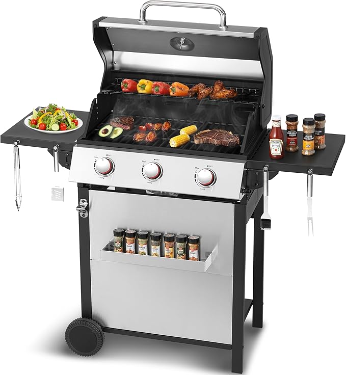 Propane Gas BBQ Grill, Upgraded 30,000 BTU Stainless Steel Barbecue Grill with Foldable Side Tables, Spice Rack & Wheels for Outdoor Cooking(3 Burner grill)