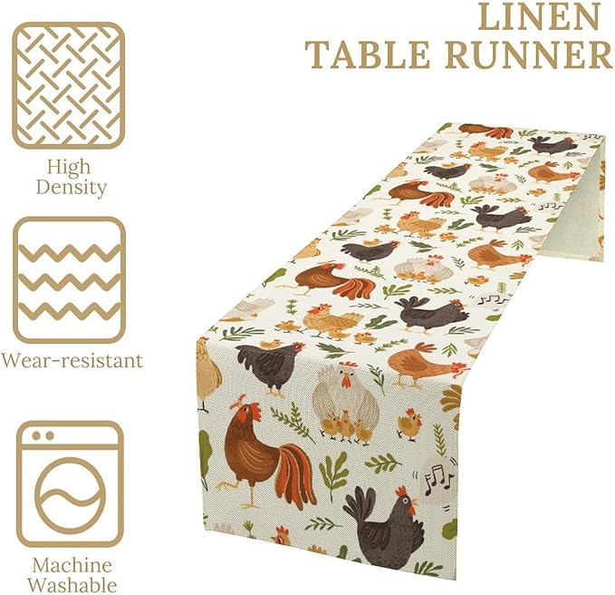 Cute Roosters Chickens Table Runners, Rustic Farm Animals Hen Table Runner for Farmhouse Wedding Coffee Dining Table Party Home 13x120in