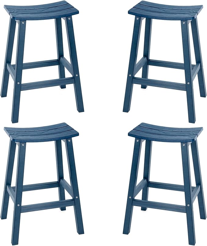 Weatherproof Bar Stools Set of 4, 28" Height Outdoor Bar Stools Holds up to 400 lbs, Saddle Seat, Bar Height Stools for Patio, Garden, and Kitchen Island, Blue