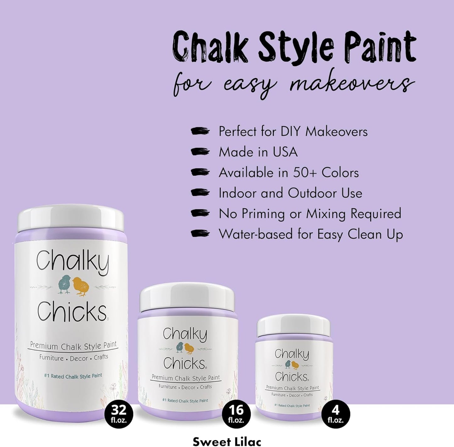 Chalky Chicks All-in-One Chalk Paint for Furniture or Cabinet -32Fl Oz-Matte Finish Sweet Lilac (Light Purple) for Metal, Wood Furniture Paint - No Sanding All-in-One for Home Decor & Crafts, USA Made
