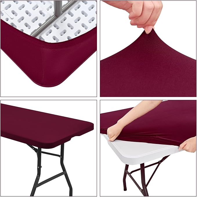10 Pack Fitted Tablecloth for 6 Foot Rectangle Tables, Wine Red Elastic Outdoor Picnic Table Cover, Washable Stretch Folding Table Cloths 6 ft for Camping Party Patio Kitchen Banquet, 30" W x 72" L