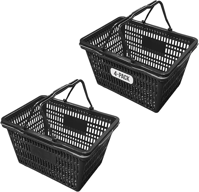 Stackable Plastic Shopping Baskets, Black, Easy-Grip Handles for Grocery, Retail, Liquor Stores, Home Use (Black, 4-pack)