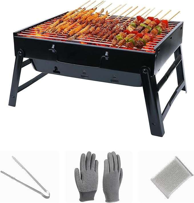 Portable Charcoal Grill for Camping Tailgating Beach Boating Foldable Small Barbeque Grill for Outdoors Lightweight Tabletop BBQ Grill Set with Tongs Gloves Scrubber