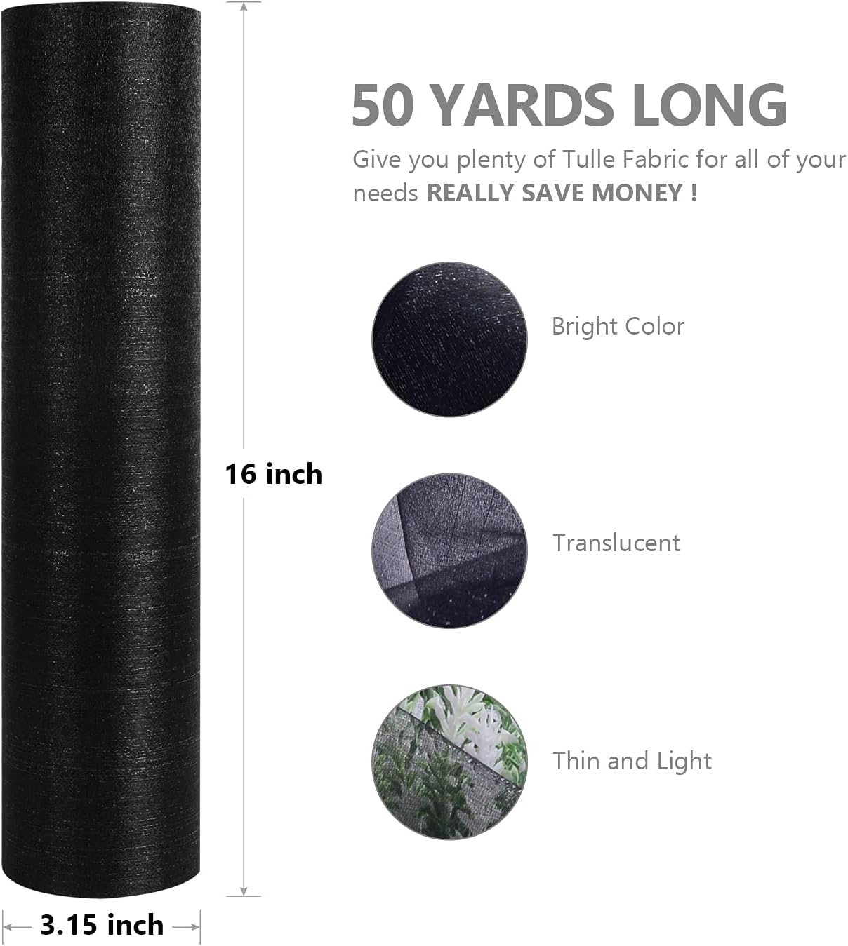 Crystal Organza Fabric Tulle - 16" by 50 Yards Sheer Fabric for Wedding Party Decoration Bridal Shower Tutu Roll Netting Spool Ribbon Wrapping (Black)