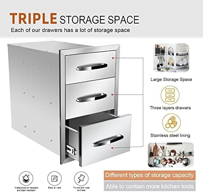 BBQ Outdoor Kitchen Drawers Stainless Steel 3-Drawer BBQ Drawer Enclosed Built-in Drawer Flush Mount for Outdoor Kitchens & BBQ Islands,14Wx21Dx21H