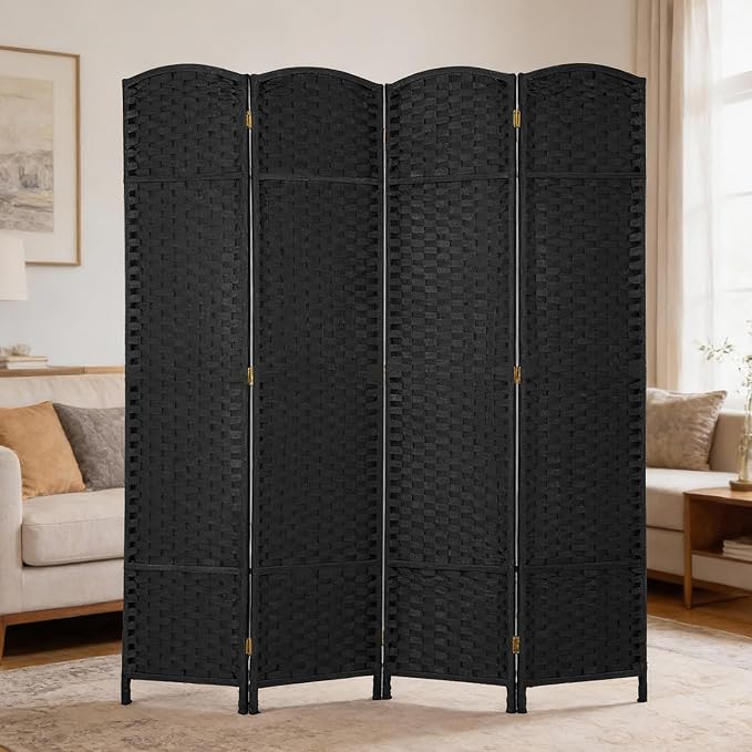 FDW Room Divider 4 Panel Screen 5.6 Ft Tall Partition Privacy Screens Folding Room Separation Free Standing Waterproof Wood Frame Wall Divider, Dark Black
