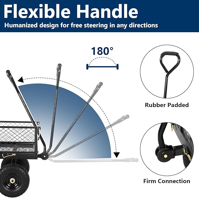 BILT HARD 10" Flat Free Tires Heavy Duty Garden Cart with 180° Rotating Handle and Removable Sides, 4 Cu.Ft 400 lbs Capacity Utility Steel Wagons for Outdoor
