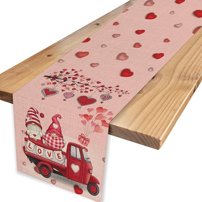 Valentines Day Table Runner,Pink Red Heart Gnomes Truck Balloon Valentines Runner for Table Seasonal Cute Decor for Indoor Outdoor Dining Table Decorations, 13"x36"
