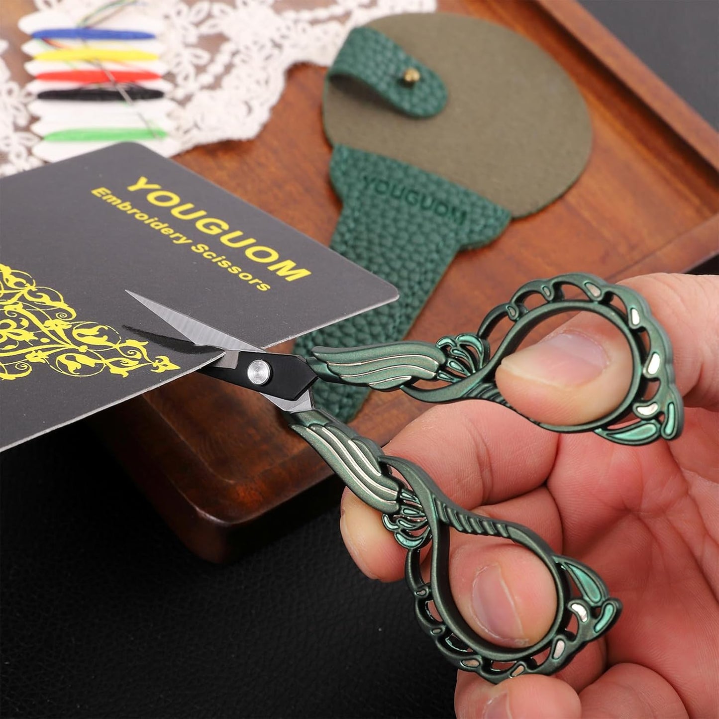 Crochet Scissors with Case, Sewing Scissor for Embroidery Craft Needlework Cross Stitch Snips, Detail Threading Shears Vintage Golden Green