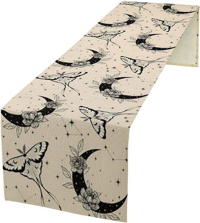 Boho Moth Table Runner,Retro Flower Moon Starlit Stars Butterfly Print Table Runner for Wedding Holiday Party Farmhouse Home Decor 13x70in