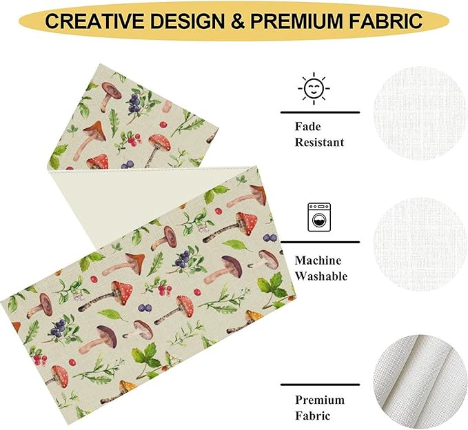 Mushroom Table Runner, Rustic Farmhouse Forest Plants Botanical Wildfloral Coffee Table Center Decor for Home Kitchen Dining Patio Holiday Party Indoor Outdoor Table Decorations, 13"x72" Inch