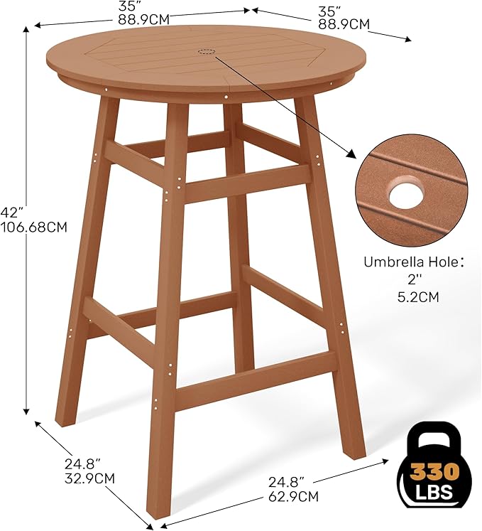 Costaelm Patio Bistro Table, 42" Counter Height Round Patio Cocktail Bar Table with Umbrella Hole, Outdoor Bistro Dining Pub Table for Front Porch Deck Backyard Garden, Teak