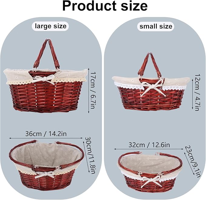 2 Pack Brown Wicker Basket with Linen Lining, 14 & 12 Inch Wicker Woven Picnic Basket with Handle for Picnic, Camping, Outdoor Party