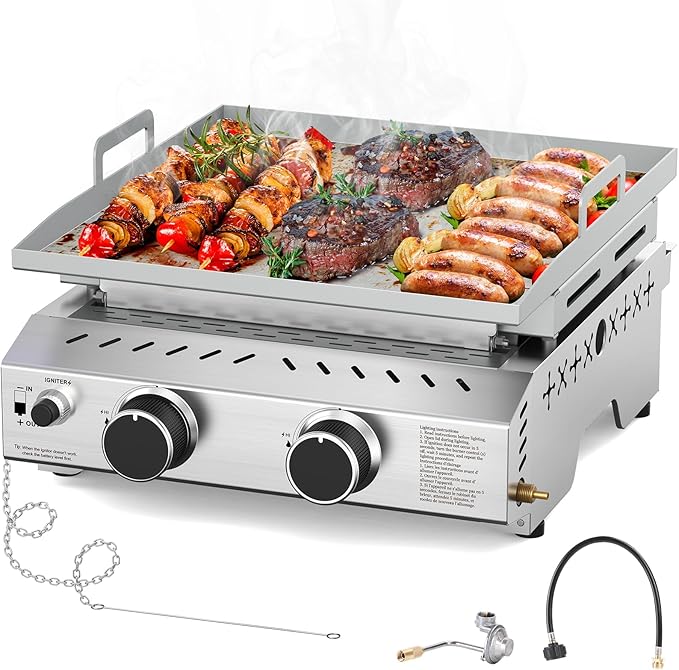 Portable 2 Burner Flat Top Grill, 23" Table Top Gas with Handle, 333 Sq. In. Cooking Area, 16000 BTU Outdoor Griddle for Kitchen, BBQ, Camping, Stainless Steel