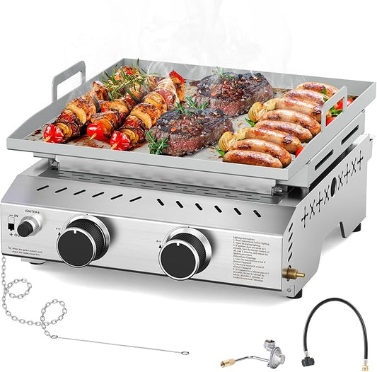 Portable 2 Burner Flat Top Grill, 23" Table Top Gas with Handle, 333 Sq. In. Cooking Area, 16000 BTU Outdoor Griddle for Kitchen, BBQ, Camping, Stainless Steel