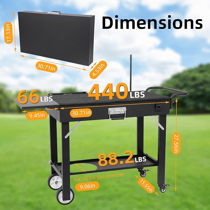 Foldable Grill Cart for Blackstone Griddle, Portable Outdoor Griddle Stand for 17" & 22" Blackstone, Ninja Woodfire & Pizza Oven, Mobile BBQ Prep Table with Side Shelf & Storage