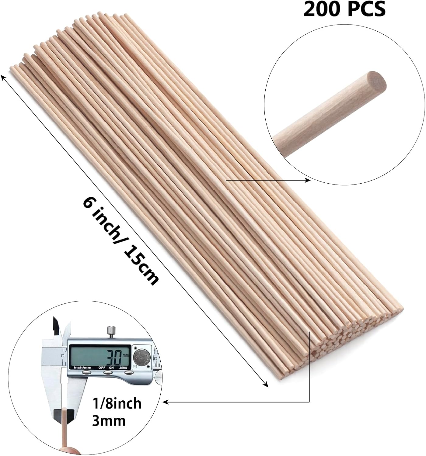 1/8 x 6 Wooden Dowels Wooden Sticks for Crafts, 200 PCS Round Wood Dowel Rods for Lollipops, Tiered Cake Dowels, Small Unfinished Hardwood Sticks for Crafting Arts and Crafts, Photo Props