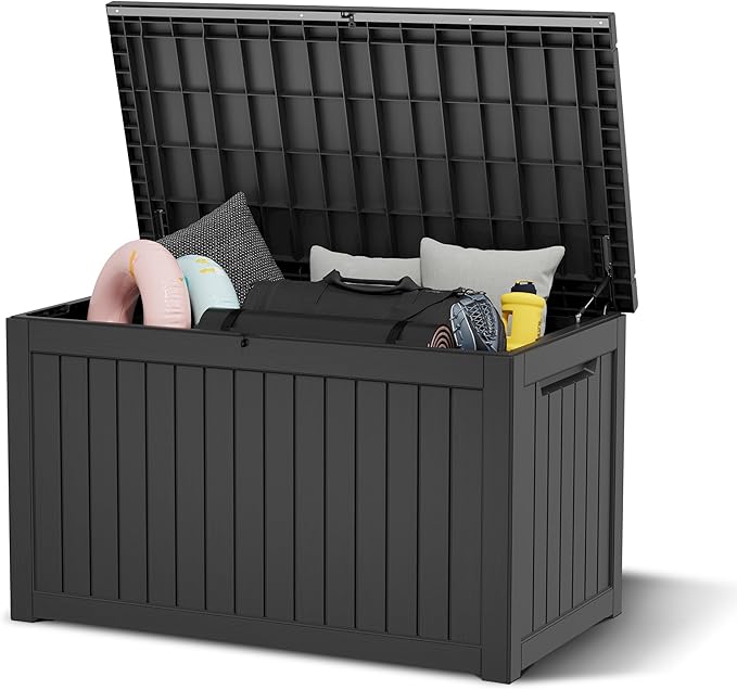 NUNU LAB 230 Gallon Outdoor Storage Box, Large Resin Deck Box with Lockable Lid, Waterproof & UV-Resistant Patio Storage Bin for Garden Tools, Pool Accessories & Furniture, Black