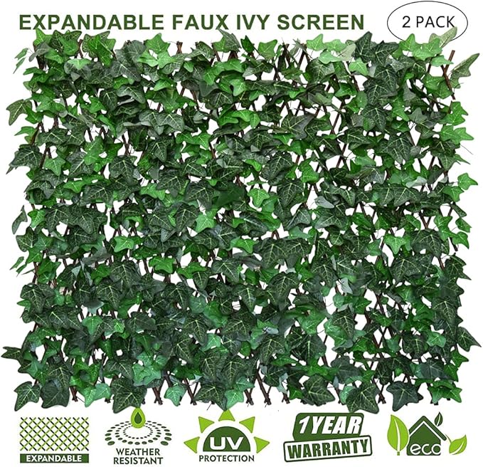 Expandable Fence Privacy Screen for Balcony Patio Outdoor,Decorative Faux Ivy Fencing Panel,Artificial Hedges (Single Sided Leaves) (2, Green-Ivy)