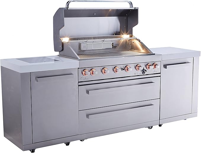 Mont Alpi MAi805 6-Burner 115000 BTU 44-inch Original Series Stainless Steel Outdoor Kitchen Modular Island Gas Grill + Infrared Side & Rear Burners + Granite Countertops + Storage Cabinets & Drawers