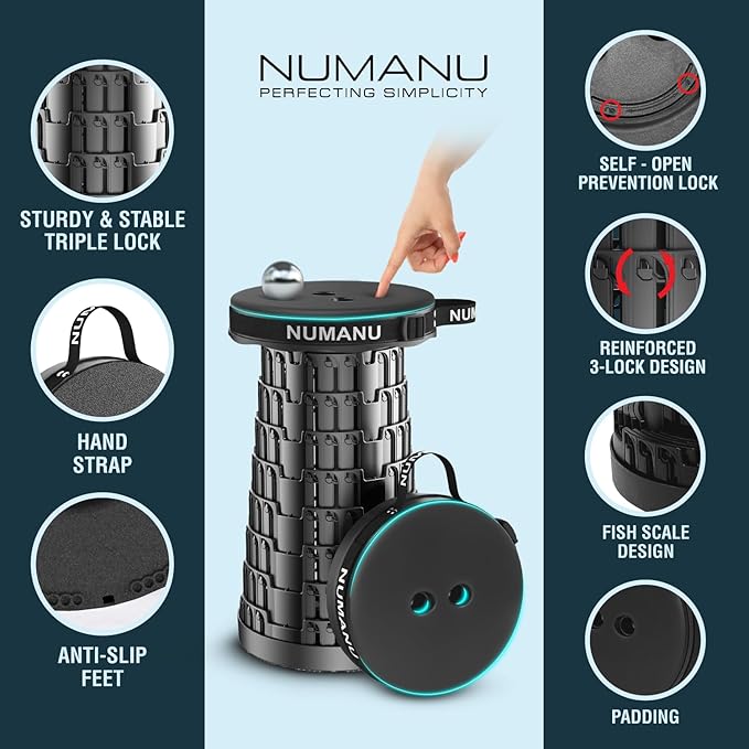 NUMANU 2PK 2025 Upgraded Padded Collapsible Stool, Max 620lb 18" Adjustable Portable Folding Stool for Adults, Retractable Foldable Telescopic Seat Camping Chair or Footrest (2PK Padded + Accessories)