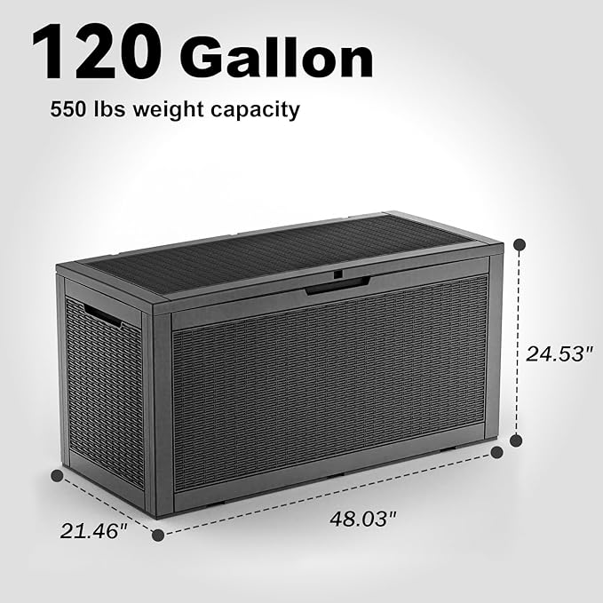 120 Gallon Deck Box,Resin Outdoor Storage Box with Lockable for Patio Furniture, Pool Accessories, Garden Tools Waterproof Outside Storage Box, Black