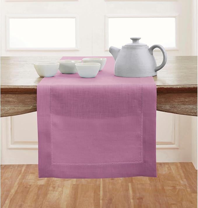 Solino Home Linen Table Runner 120 Inches Long - Classic Hemstitch 100% Pure Linen Violet Dining Table Runner 14 x 120 Inch for Valentines, Spring, Easter