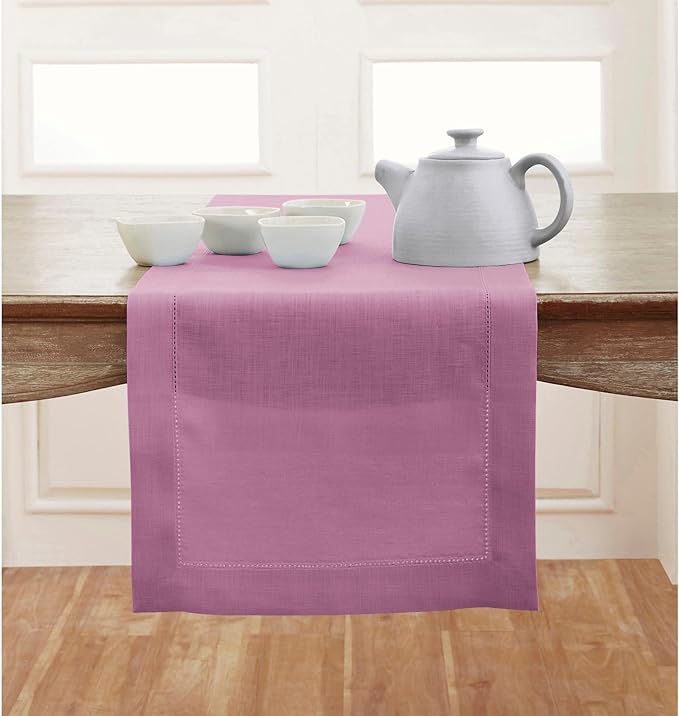 Solino Home Linen Table Runner 108 Inches Long - Classic Hemstitch 100% Pure Linen Violet Dining Table Runner 14 x 108 Inch for Valentines, Spring, Easter