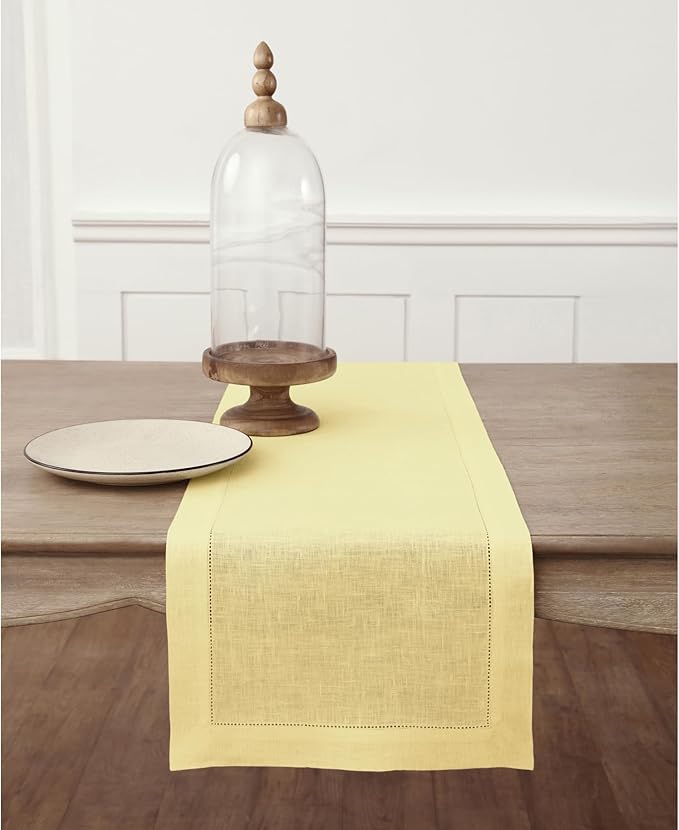 Solino Home Linen Yellow Table Runner 48 Inches - Classic Hemstitch, 100% Pure Linen Coffee Table Runner 14 x 48 Inch Ideal for Dresser Tables, Valentines, Spring, Easter