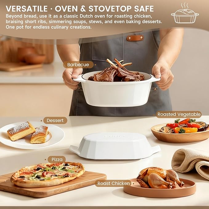 Enameled Cast Iron Dutch Oven for Bread Baking – 3QT Oval Round Heavy Duty Bread Pan with Lid, Non-Stick Ceramic Coating,Loaf Cast Iron Bread Oven for Sourdough, Baking, Roasting, Braising, Stovetop & Oven Safe