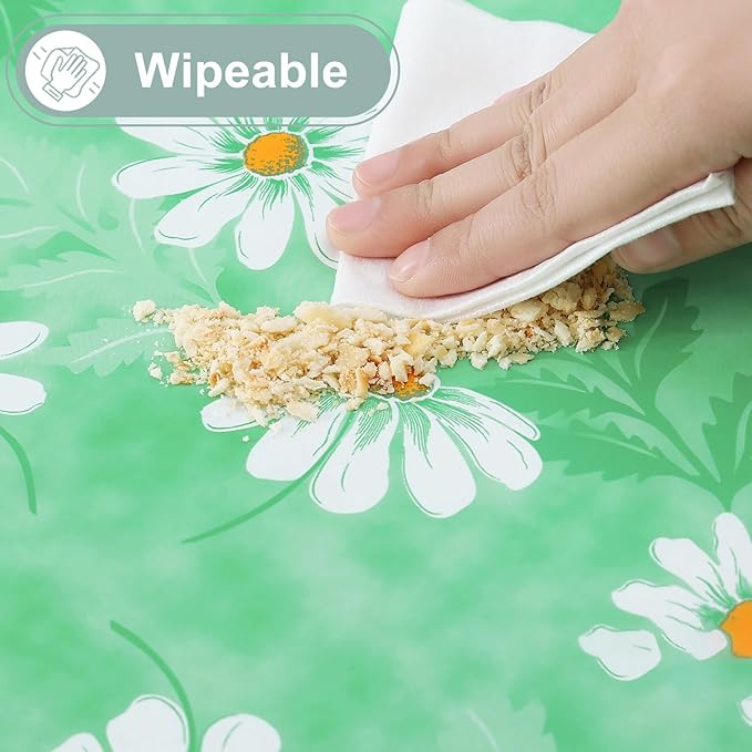 misaya Rectangle Waterproof Vinyl Table Cloth, Wipeable Tablecloth with Flannel Backing, Plastic Table Cover for Dinner, Picnic, Indoor and Outdoor (Green Daisy, 52" x 70")