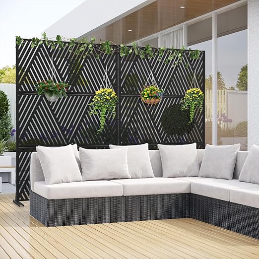 Casaphoria Metal Privacy Screen Outdoor, 72" H x 47" W Freestanding Decorative Privacy Screen for Patio Deck Balcony Garden with Stable Base, Black V Shape