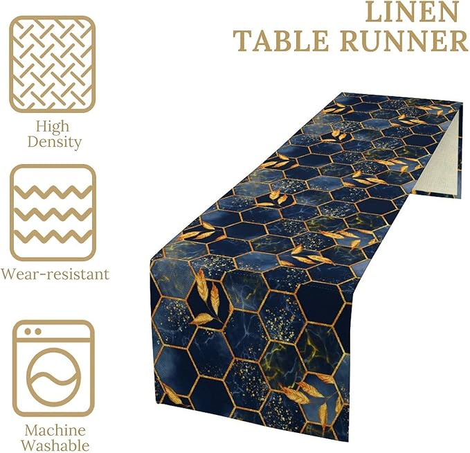 Marble Table Runner, Dark Blue Gold Modern Marble Leaf Aesthetic Geometric Table Runner for Indoor Home Living Room Party Dining Kitchen 13x108in
