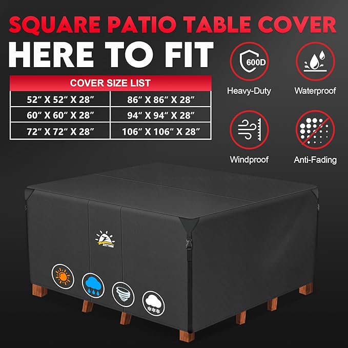 Zettum Patio Furniture Cover Square - 52 Inch Outdoor Table Cover Waterproof & Heavy Duty, 600D Lawn Furniture Set Covers for Outside Dining Table and Chairs Seating Combo - 52 x 52 x 28 Inch