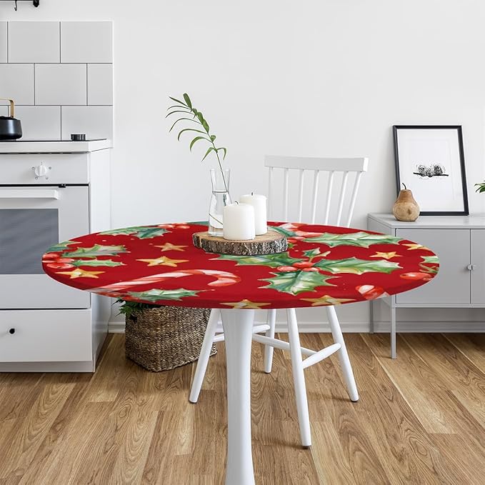 Christmas Ruffle Star Candy Round Table Cloth Cover, Elastic Edge Waterproof Wipeable Tablecloths 45"-56" Polyester Tablecloth for Party Restaurant Banquet Holiday Camping Outdoor Picnic