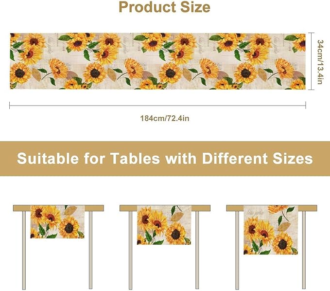 Sunflower Table Runner, Rustic Old Paper Seasonal Table Runner Farmhouse Kitchen Home Party Dining Room 13x108in