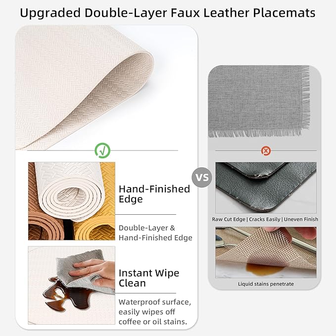 Round Faux Leather Placemats Set of 6 – 13 Inch Vinyl Mats, Heat Resistant, Non Slip, Wipeable & Washable, Easy to Clean Dining Table Decor for Kitchen & Holiday Gatherings（Ivory White）