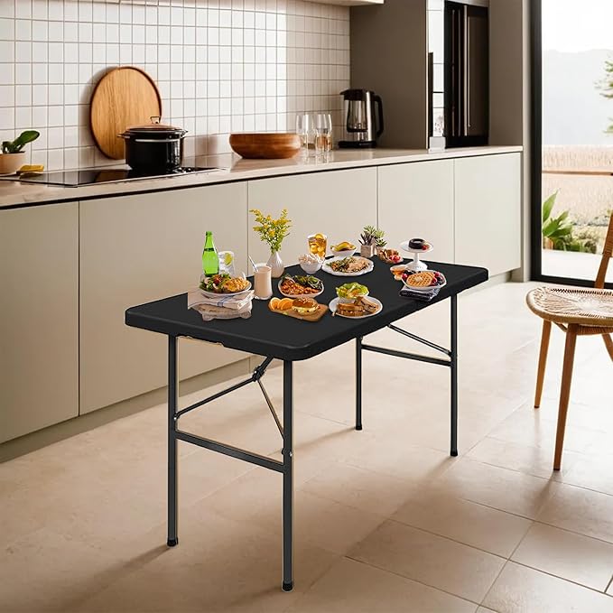 SIMPLI-Magic 4ft Portable Plastic Folding Table – 17% Thicker Than Others – Indoor & Outdoor Heavy-Duty Foldable Utility Table w/Handle for Party & Camping (Black)