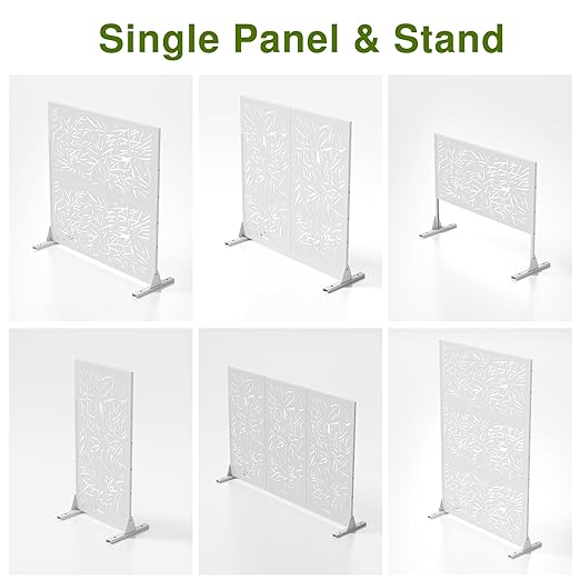 Casaphoria 72" H x 47" W Metal Outdoor Privacy Screen, Freestanding Decorative Divider for Patio, Deck, Balcony, and Garden with Stable Base, White Bamboo Leaves