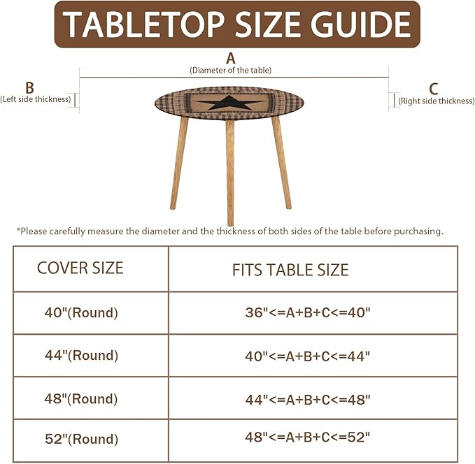 Western Texas Star Round Fitted Tablecloth with Elastic Vintage Black Brown Plaid Circle Table Cover for 44-48" Round Tables Stretch Waterproof Rustic Country Table Cloth for Kitchen Dining Patio