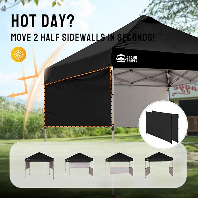CROWN SHADES 10x10 Pop up Canopy Tent Instant Canopy with 150D Silver Coated Fabric Including 2 Half Sidewalls, 4 Ropes, 8 Stakes, 4 Weight Bags, STO 'N Go Bag, Black