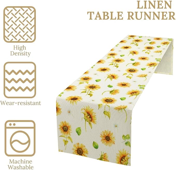 Yellow Sunflower Table Runner, Seasonal Spring Summer Flowers Table Decor for Kitchen Dining Room Coffee Holiday Kitchen Dining 13x60in