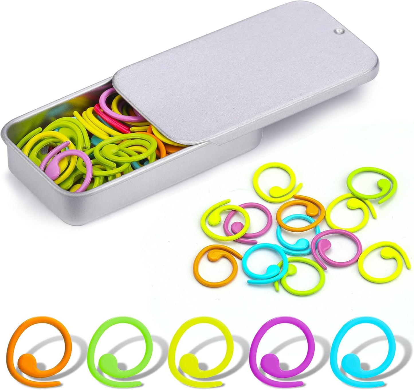 Jmuiiu Metal Stitch Markers, 50Pcs Spiral Metal Colorful Crochet Stitch Markers, Crochet Marker Ring for Knitting Crocheting Clothing Tag DIY Craft Project with Storage Box