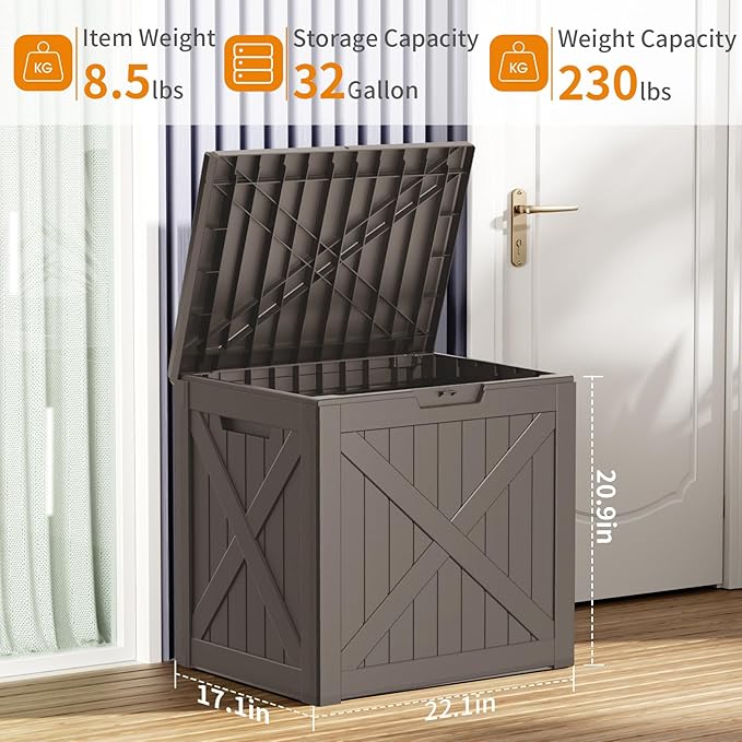 32 Gallon Deck Box,Resin Outdoor Storage Box with Lockable for Patio Furniture, Pool Accessories, Garden Tools, Waterproof Outside Storage Box, Grey