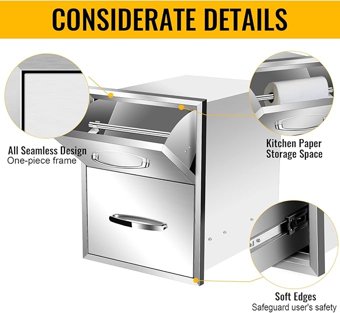 Outdoor Kitchen Drawers, Box Frame Style Flush Mount BBQ Drawer w/Stainless Steel Handle, BBQ Island Drawers For Patio Grill Station,Double Drawers