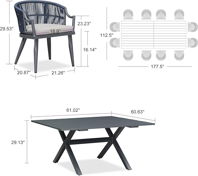 PURPLE LEAF 14 Pieces Outdoor Dining Set All Weather Wicker Patio Dining Set with Rectangular Aluminum Table and Modern Armrest Dining Chairs for Garden Deck Backyard Kitchen, Grey