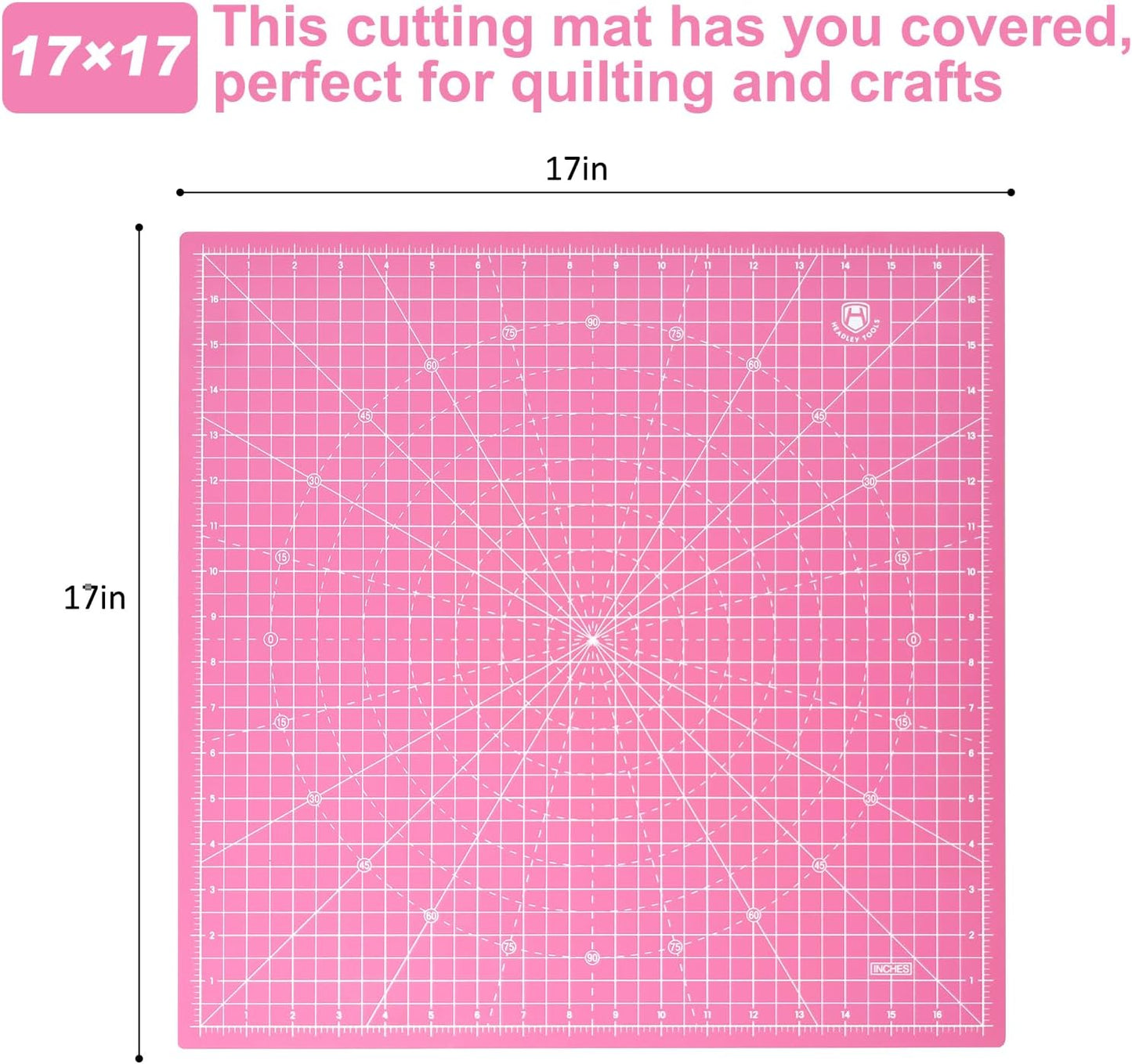 Headley Tools 17"x17" Rotating Cutting Mat, Self Healing Mat with 360-Degree Rotation & Anti-Slip Base, Sewing Board Cutting Mat Perfect for Fabric Quilting Leather Hobby Project, Pink